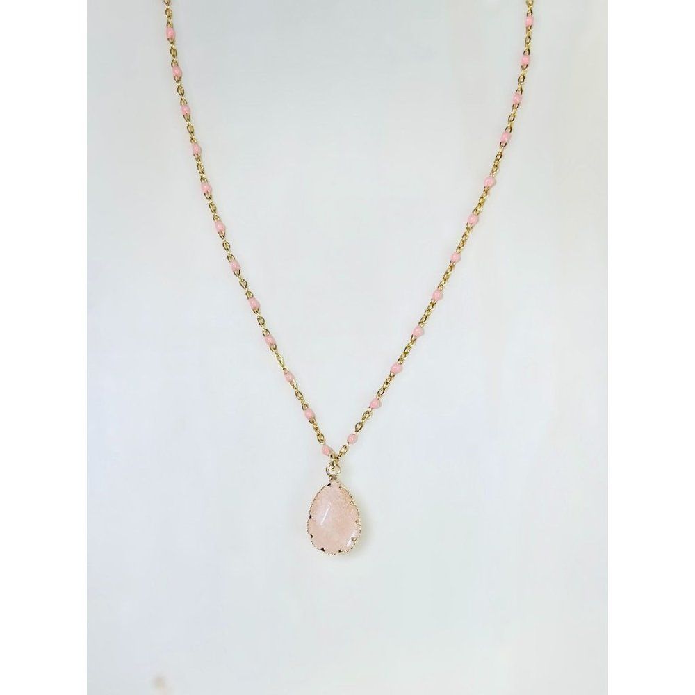 Handmade Rose Quartz Tear Drop Pendant Adjustable Gold Chain Necklace